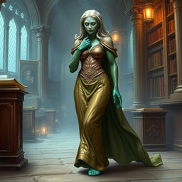 An enchanting fantasy illustration featuring Dranni, a stone figure known as The Grand Librarian, Earth Mother, Green Sleeves, and the First Teacher of Man