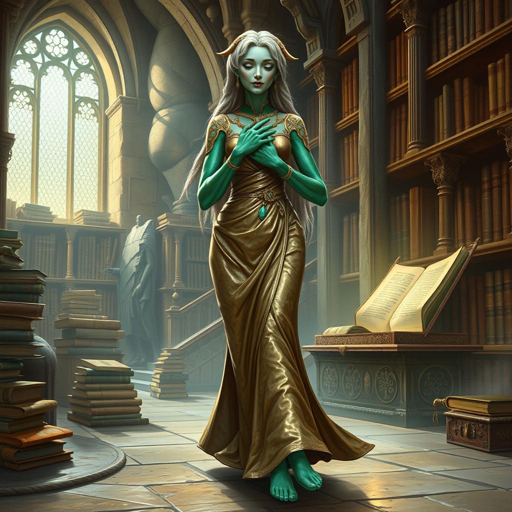 An enchanting fantasy illustration featuring Dranni, a stone figure known as The Grand Librarian, Earth Mother, Green Sleeves, and the First Teacher of Man