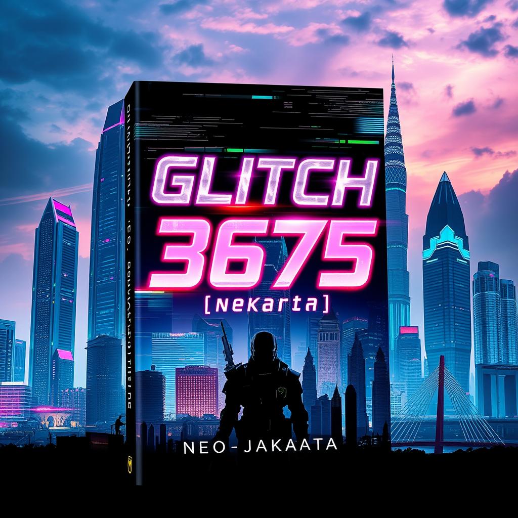 A captivating book cover design for 'Glitch 3675: Neo-Jakarta'