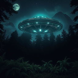 A mysterious UFO hovering above a dense, dark forest