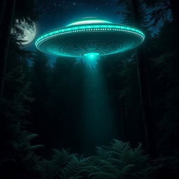 A mysterious UFO hovering above a dense, dark forest