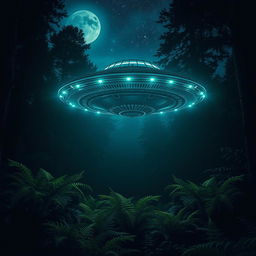 A mysterious UFO hovering above a dense, dark forest