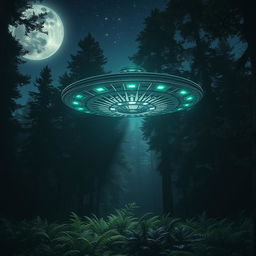 A mysterious UFO hovering above a dense, dark forest