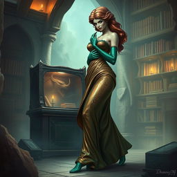 A sultry fantasy illustration featuring Dranni, the stone figure known as The Grand Librarian, Earth Mother, Green Sleeves, and the First Teacher of Man