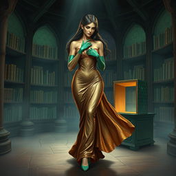 A sultry fantasy illustration featuring Dranni, the stone figure known as The Grand Librarian, Earth Mother, Green Sleeves, and the First Teacher of Man