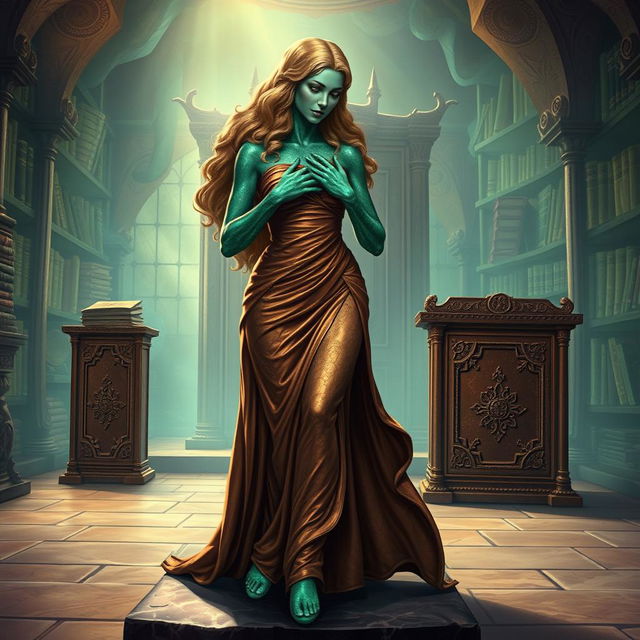 A sultry fantasy illustration featuring Dranni, the stone figure known as The Grand Librarian, Earth Mother, Green Sleeves, and the First Teacher of Man