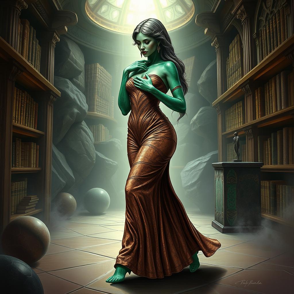 A sultry fantasy illustration featuring Dranni, the stone figure known as The Grand Librarian, Earth Mother, Green Sleeves, and the First Teacher of Man