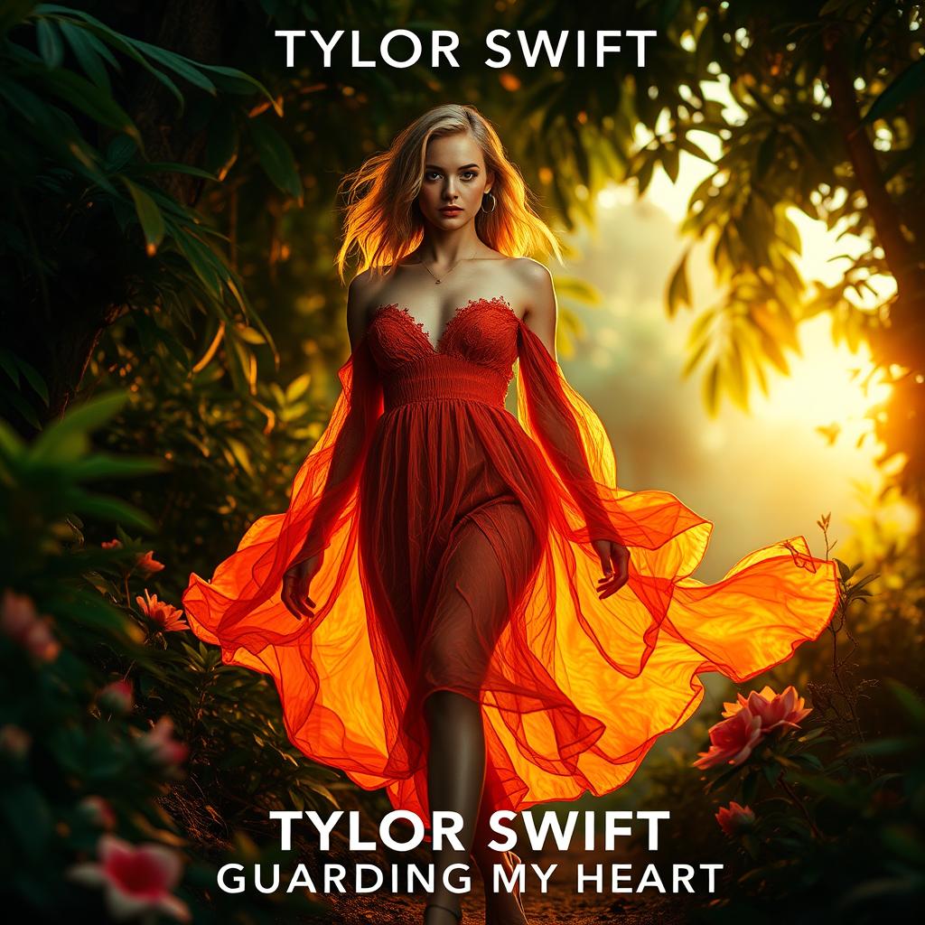 A modern generic album cover featuring a close-up portrait of the artist Tylor Swift in an enchanted jungle at dawn