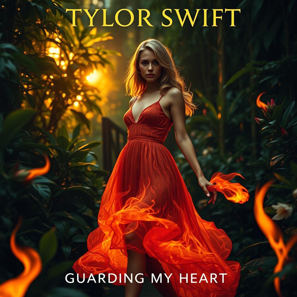 A modern generic album cover featuring a close-up portrait of the artist Tylor Swift in an enchanted jungle at dawn