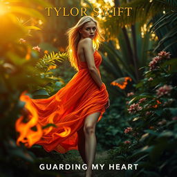 A modern generic album cover featuring a close-up portrait of the artist Tylor Swift in an enchanted jungle at dawn