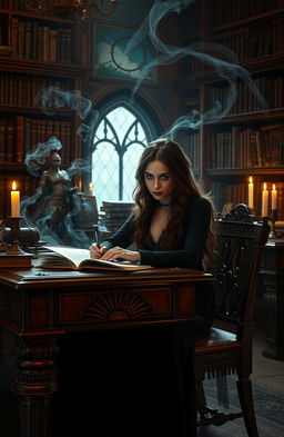 A mystical scene featuring a woman with an enigmatic dark aura, seated at a beautifully ornate wooden desk