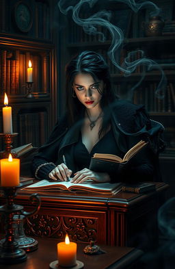 A mystical scene featuring a woman with an enigmatic dark aura, seated at a beautifully ornate wooden desk