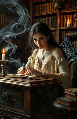 A mystical scene featuring a woman with an enigmatic dark aura, seated at a beautifully ornate wooden desk