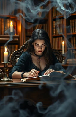 A mystical scene featuring a woman with an enigmatic dark aura, seated at a beautifully ornate wooden desk