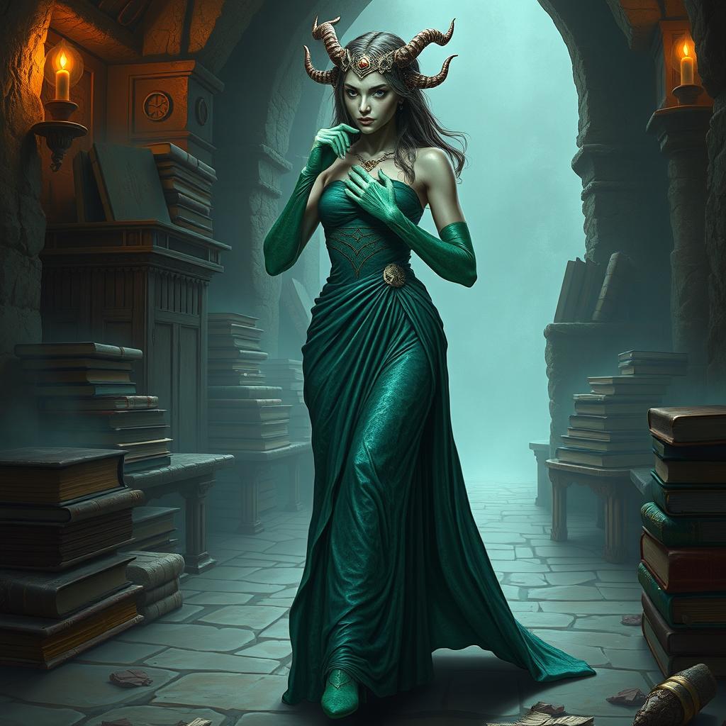 A captivating character portrait illustration of Dranni, the stone figure known as The Grand Librarian, Earth Mother, Green Sleeves, and the First Teacher of Man