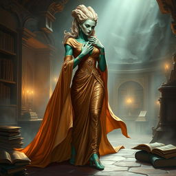 A captivating character portrait illustration of Dranni, the stone figure known as The Grand Librarian, Earth Mother, Green Sleeves, and the First Teacher of Man