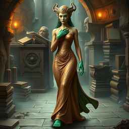 A captivating character portrait illustration of Dranni, the stone figure known as The Grand Librarian, Earth Mother, Green Sleeves, and the First Teacher of Man