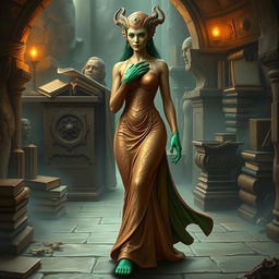 A captivating character portrait illustration of Dranni, the stone figure known as The Grand Librarian, Earth Mother, Green Sleeves, and the First Teacher of Man