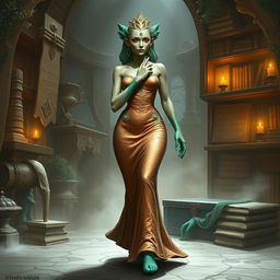 A captivating character portrait illustration of Dranni, the stone figure known as The Grand Librarian, Earth Mother, Green Sleeves, and the First Teacher of Man