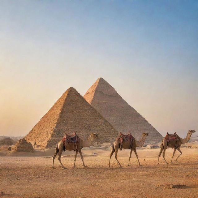 A breathtaking view of the Pyramids of Giza basked in golden sunset light, with a clear blue sky in the background, and local camels standing nearby.