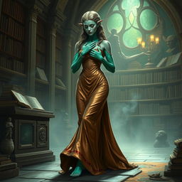 A stunning character portrait illustration of Dranni, the stone figure known as The Grand Librarian, Earth Mother, Green Sleeves, and the First Teacher of Man