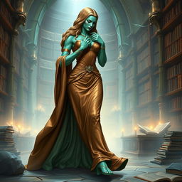 A stunning character portrait illustration of Dranni, the stone figure known as The Grand Librarian, Earth Mother, Green Sleeves, and the First Teacher of Man