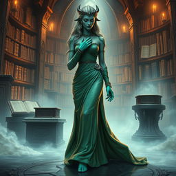 A stunning character portrait illustration of Dranni, the stone figure known as The Grand Librarian, Earth Mother, Green Sleeves, and the First Teacher of Man