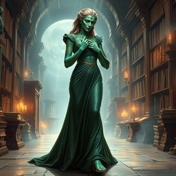 A stunning character portrait illustration of Dranni, the stone figure known as The Grand Librarian, Earth Mother, Green Sleeves, and the First Teacher of Man