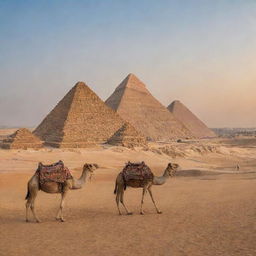 A breathtaking view of the Pyramids of Giza basked in golden sunset light, with a clear blue sky in the background, and local camels standing nearby.