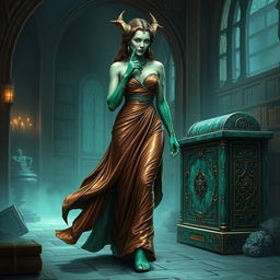 A mesmerizing character portrait illustration of Dranni, the stone figure known as The Grand Librarian, Earth Mother, Green Sleeves, and the First Teacher of Man