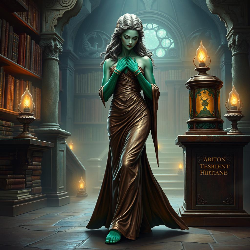 A mesmerizing character portrait illustration of Dranni, the stone figure known as The Grand Librarian, Earth Mother, Green Sleeves, and the First Teacher of Man