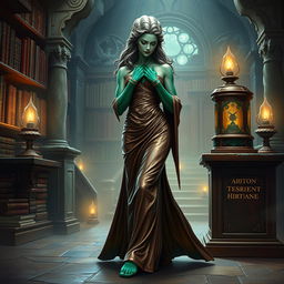 A mesmerizing character portrait illustration of Dranni, the stone figure known as The Grand Librarian, Earth Mother, Green Sleeves, and the First Teacher of Man