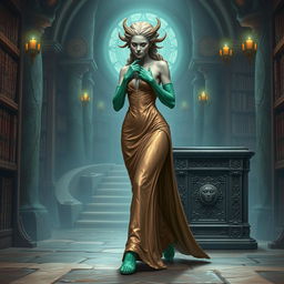 A mesmerizing character portrait illustration of Dranni, the stone figure known as The Grand Librarian, Earth Mother, Green Sleeves, and the First Teacher of Man