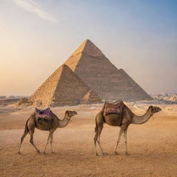 A breathtaking view of the Pyramids of Giza basked in golden sunset light, with a clear blue sky in the background, and local camels standing nearby.