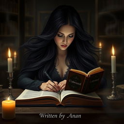 A woman with a dark aura, immersed in writing at her desk