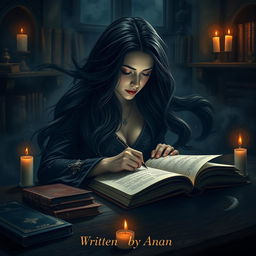 A woman with a dark aura, immersed in writing at her desk