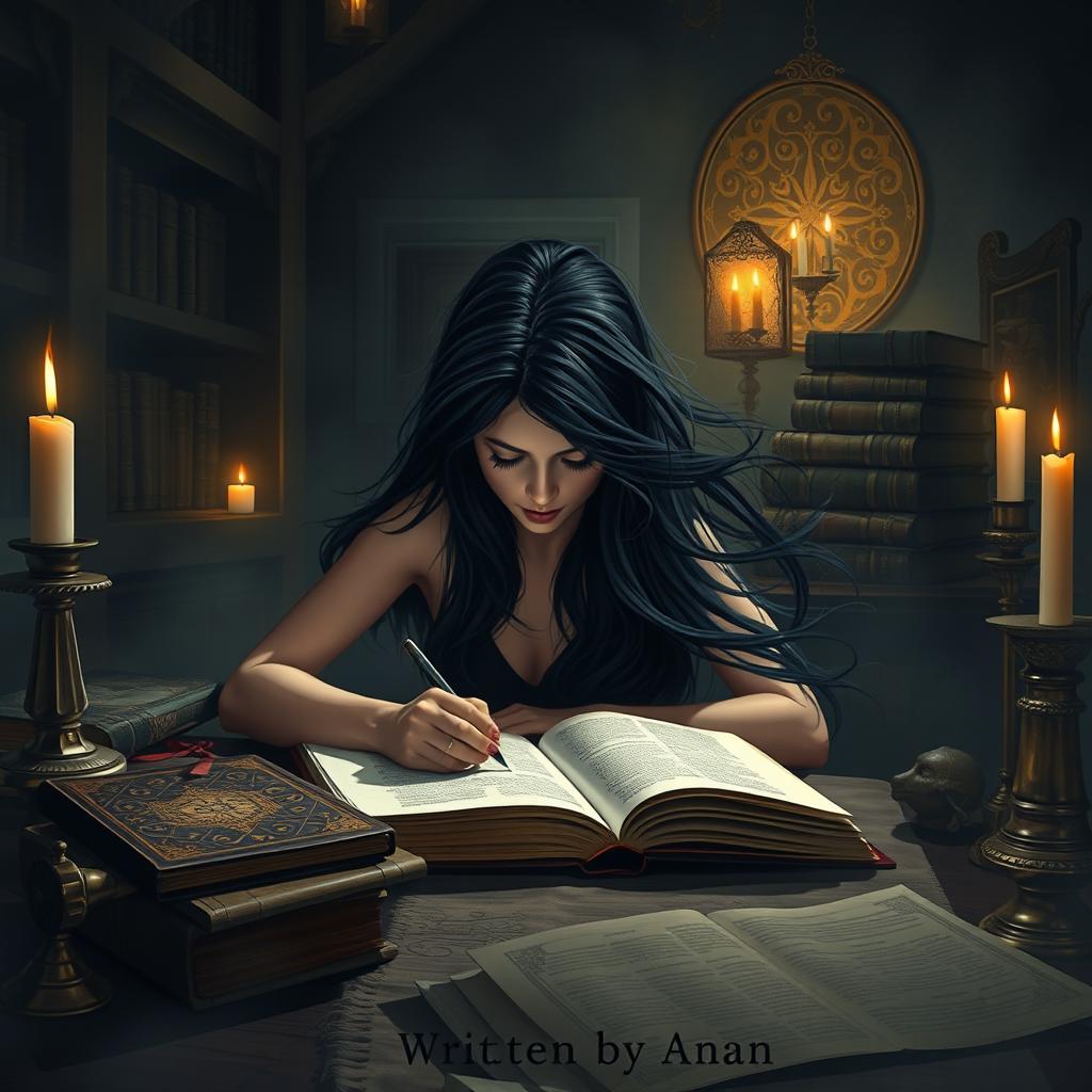 A woman with a dark aura, immersed in writing at her desk