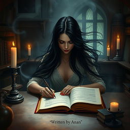 A woman with a dark aura, immersed in writing at her desk