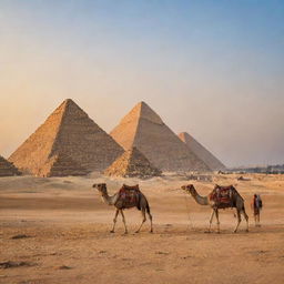 A breathtaking view of the Pyramids of Giza basked in golden sunset light, with a clear blue sky in the background, and local camels standing nearby.