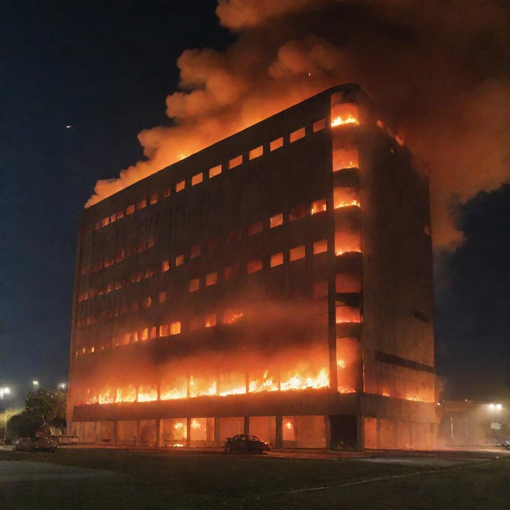 A large concrete building in the midst of a blazing inferno, with flames licking the sides and smoke billowing into the night sky.