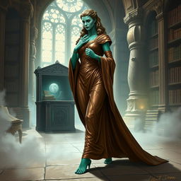 An enchanting character portrait illustration of Dranni, a mystical stone figure known as The Grand Librarian, Earth Mother, Green Sleeves, and the First Teacher of Man