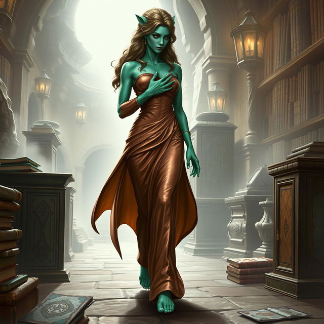 An enchanting character portrait illustration of Dranni, a mystical stone figure known as The Grand Librarian, Earth Mother, Green Sleeves, and the First Teacher of Man