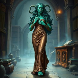 An enchanting character portrait illustration of Dranni, a mystical stone figure known as The Grand Librarian, Earth Mother, Green Sleeves, and the First Teacher of Man