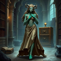 An enchanting character portrait illustration of Dranni, a mystical stone figure known as The Grand Librarian, Earth Mother, Green Sleeves, and the First Teacher of Man