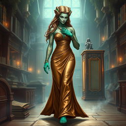 A captivating character portrait illustration of Dranni, an ethereal stone figure known as The Grand Librarian, Earth Mother, Green Sleeves, and the First Teacher of Man