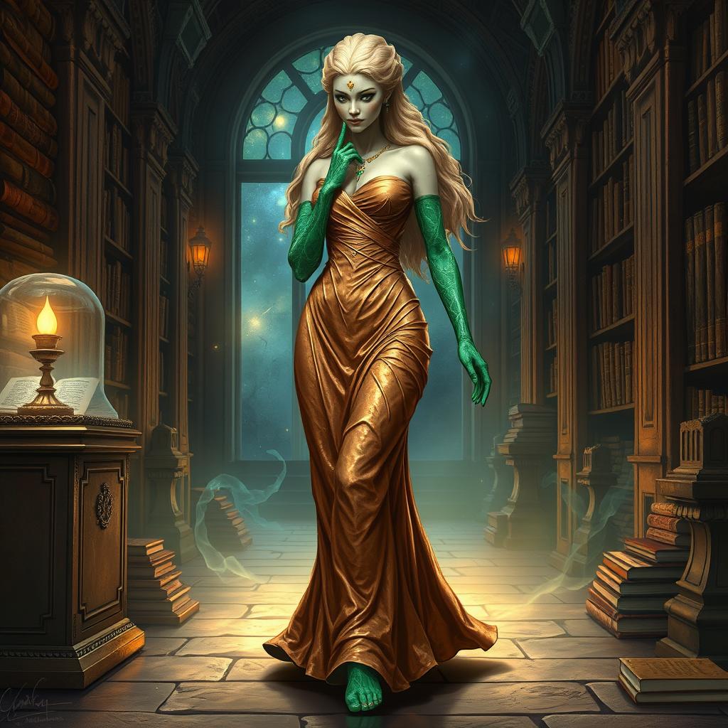 A captivating character portrait illustration of Dranni, an ethereal stone figure known as The Grand Librarian, Earth Mother, Green Sleeves, and the First Teacher of Man