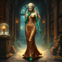 A captivating character portrait illustration of Dranni, an ethereal stone figure known as The Grand Librarian, Earth Mother, Green Sleeves, and the First Teacher of Man