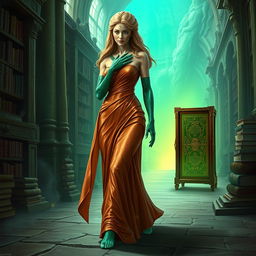 A captivating character portrait illustration of Dranni, an ethereal stone figure known as The Grand Librarian, Earth Mother, Green Sleeves, and the First Teacher of Man