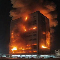 A large concrete building in the midst of a blazing inferno, with flames licking the sides and smoke billowing into the night sky.