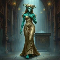 A captivating character portrait illustration of Dranni, an ethereal stone figure known as The Grand Librarian, Earth Mother, Green Sleeves, and the First Teacher of Man